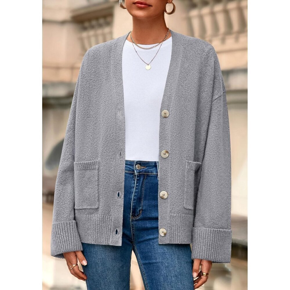 Women's Chunky Knit Oversized Cardigan V Neck Button Fall Winter - Picture 3 of 8